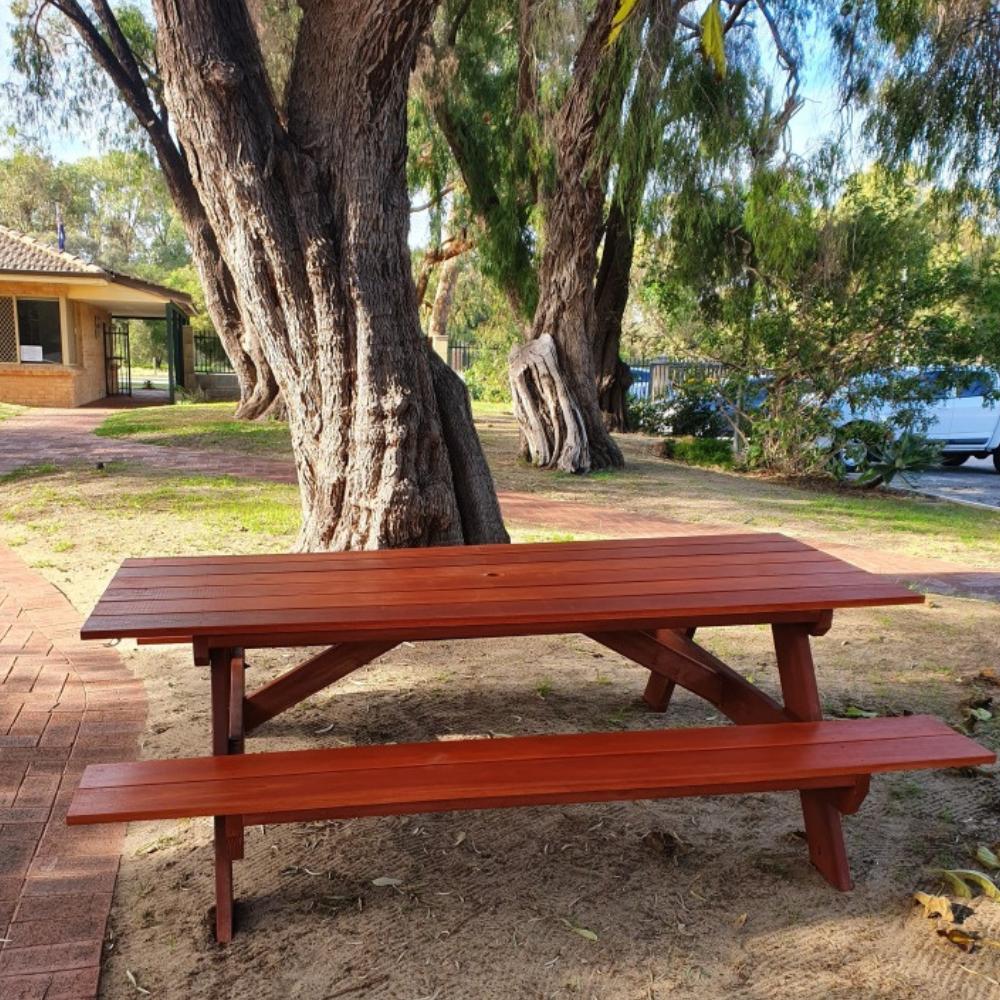 Jarrah A Frame picnic table under a tree in a park setting