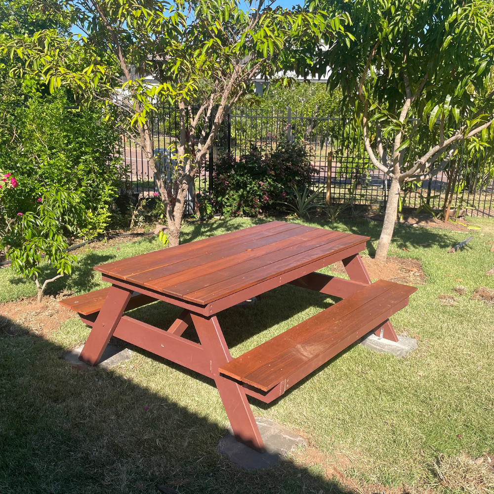 A Frame jarrah Picnic table 6 seater — 1600 x 1800mm bolted on concrete pads.