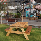 Traditional A frame Pine picnic table in a park with a colorful mural in the background
