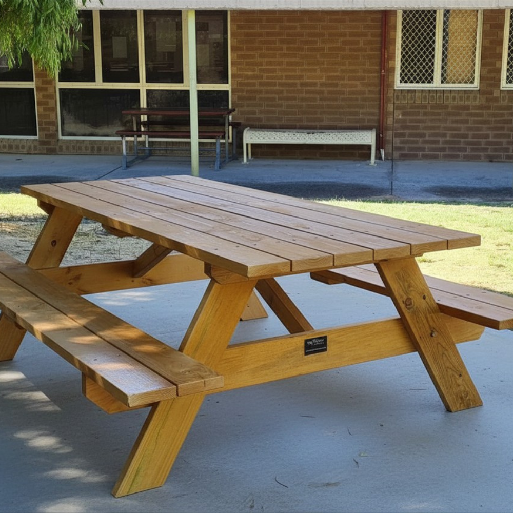 Wooden picnic table with benches on a concrete surface in front of a building.
