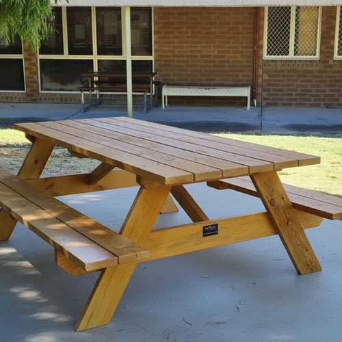 Wooden picnic table with benches on a concrete surface in front of a building.