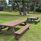 Traditional picnic tables in park setting