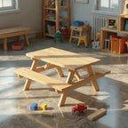 Wooden children's picnic table in a classroom setting with toys scattered around.