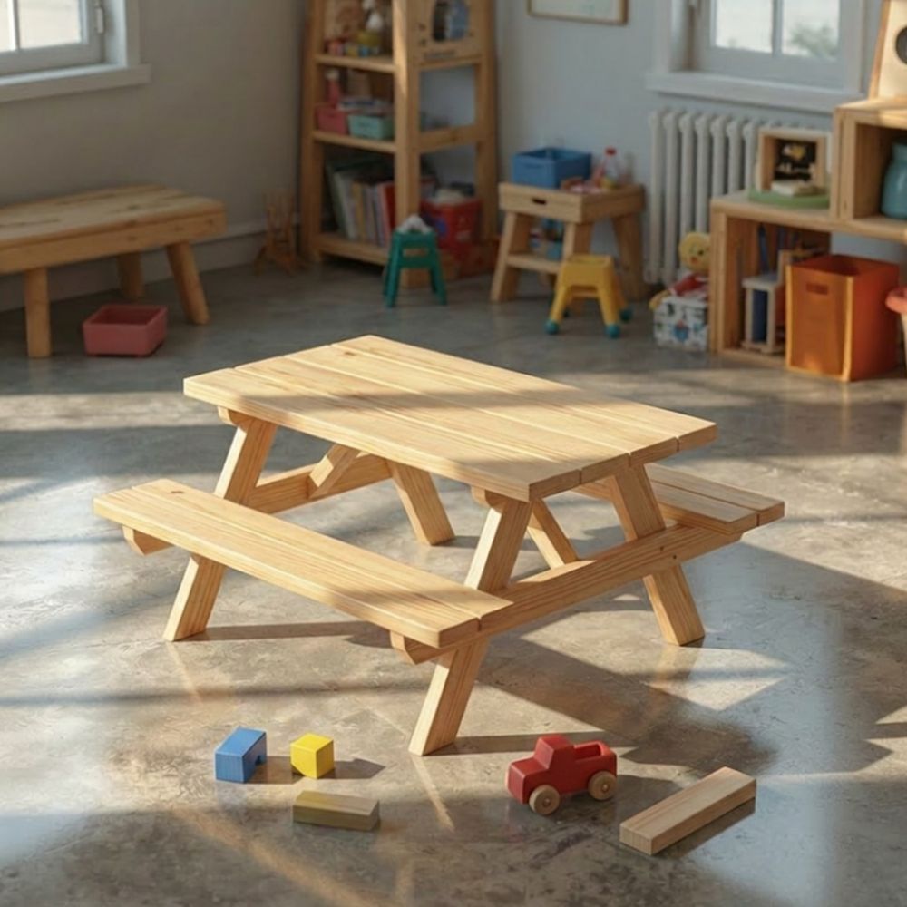 Wooden children's picnic table in a classroom setting with toys scattered around.