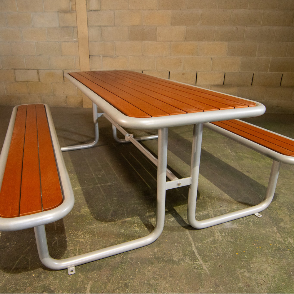 6 seater U Shape Steel frame picnic tables with composite timber top.