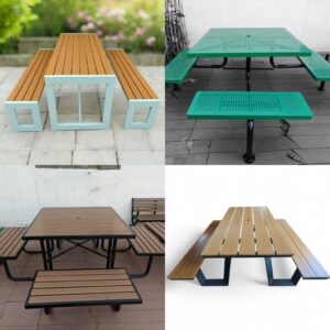 Metal frame tables with composite timber tops