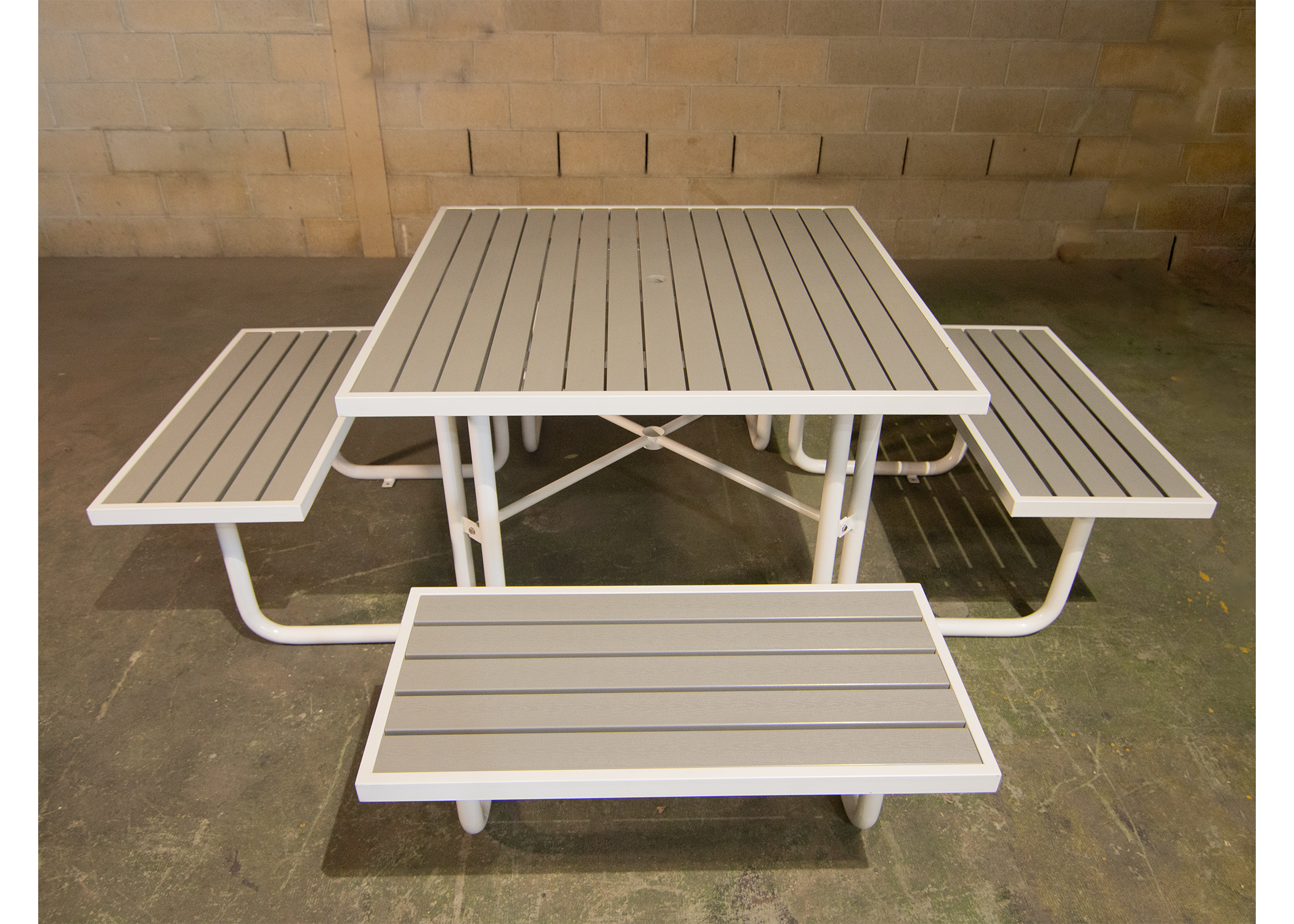 8 seater white metal frame table with grey composite timber tops. 8 seater white metal frame table with grey composite timber tops.